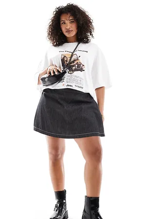 COLLUSION Minifalda pantalón vaquera cruzada con pespuntes en contraste de tejido ligero de Plus-Negro