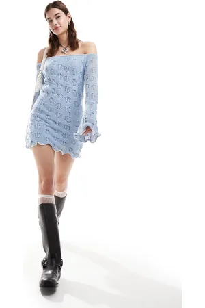 Daisy Street Vestido corto azul pastel con escote Bardot de punto de