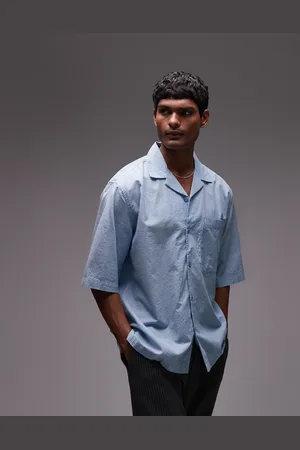 Topman Camisa azul a rayas de manga corta y corte cuadrado de