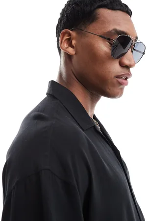 River Island Gafas de sol negras estilo aviador con doble puente de metal de