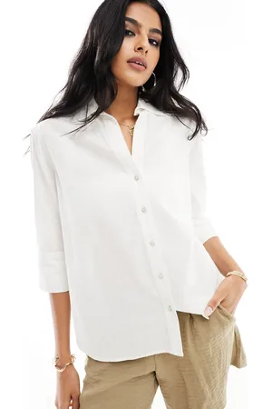 New Look Camisa blanca de manga larga de tejido efecto lino de