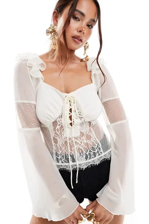 ASOS Blusa color estilo mesonera de mezcla de encaje y chifón de -Blanco
