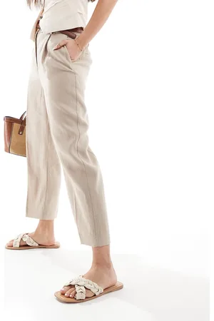 MANGO Pantalones de corte slim con cinturilla elástica de lino de - neutro
