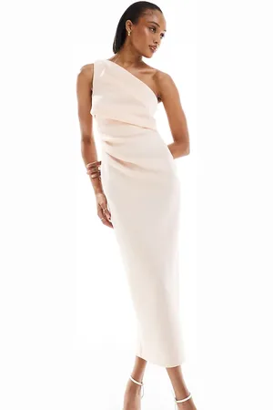 ASOS Vestido midi color asimétrico y plisado de ASOS DESIGN Tall-Beis neutro