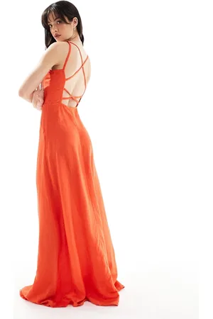 ONLY Vestido largo rojo de tirantes de lino de