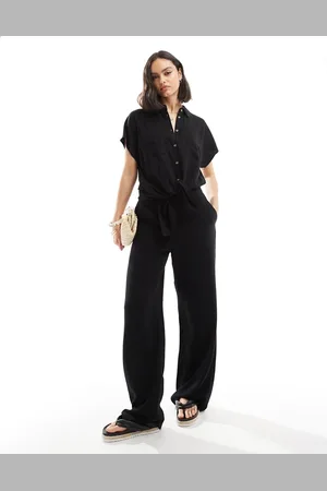 Pieces® Pantalones negros de pernera ancha con tacto efecto lino de (parte de un conjunto)