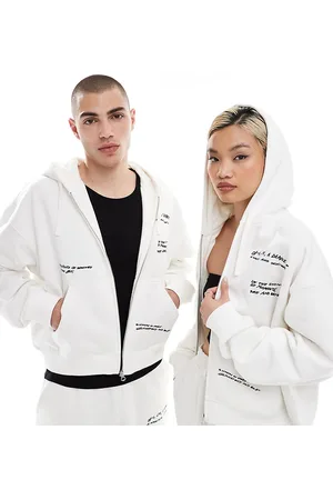 Weekday Sudadera blanco hueso unisex de corte cuadrado con capucha, diseño gráfico bordado y cremallera exclusiva en ASOS de (parte de un conjunto)