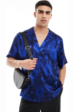 ASOS Camisa azul holgada de manga corta con diseño floral y cuello de solapas de jacquard de