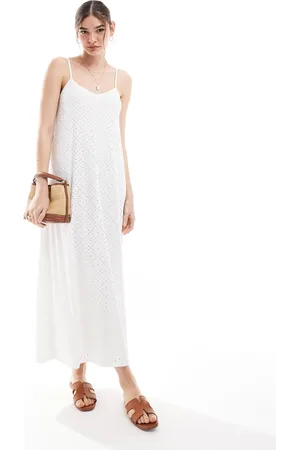 VERO MODA Vestido largo blanco con cuello de pico y diseño bordado de punto liso de