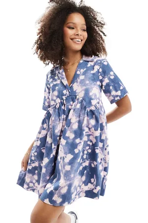 ASOS Vestido camisero corto azul con , bajo estilo corsé y cuello de solapas de -Multicolor