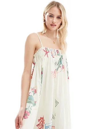 ASOS Vestido playero de corte trapecio con estampado de postales de Tall-Multicolor