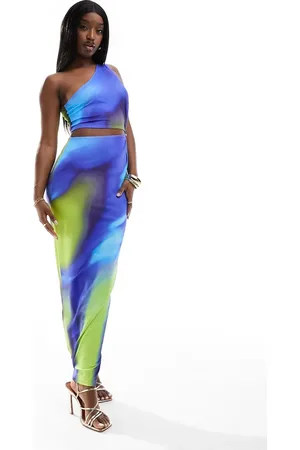 Simmi London Vestido largo asimétrico con estampado marmolado, abertura y detalle anudado de SIMMI-Multicolor