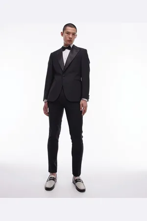Topman Pantalones de esmoquin negros de corte pitillo de tejido rico en lana premium de