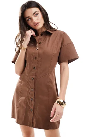 ASOS Vestido camisero corto marrón con detalle de costuras de sarga de