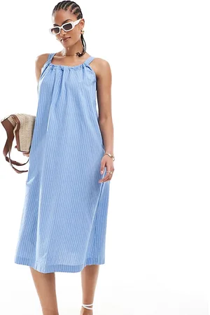 VERO MODA Vestido largo azul a rayas con cuello fruncido de algodón de