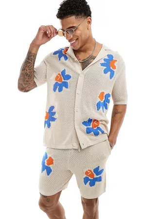 ASOS Polo holgado con cuello de solapas y patrón floral texturizado de punto pointelle de (parte de un conjunto)- neutro