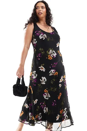 ASOS Vestido lencero midi oscuro con estampado floral y cuello ancho de chifón de ASOS DESIGN Curve-Multicolor