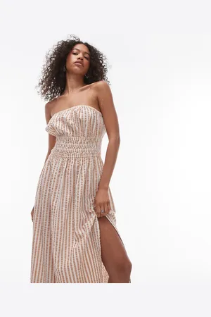 Topshop Vestido playero a rayas con escote palabra de honor de tejido texturizado de -Verde