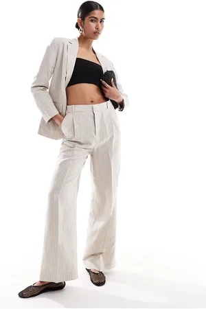 MANGO Pantalones de pernera recta a rayas de mezcla de lino de (parte de un conjunto)- neutro