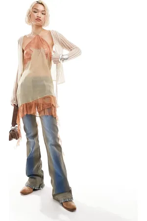COLLUSION Vestido corto beis con cuello halter y bajo asimétrico de encaje y chifón transparente para festivales de -Beis