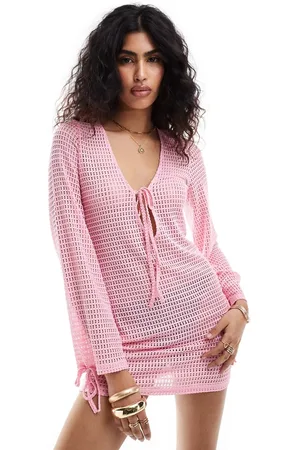 The Frolic Vestido playero corto de manga larga con detalle de lazada Esmarie de