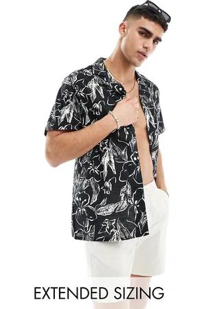 ASOS Camisa negra holgada con estampado floral y cuello de solapas de tejido efecto lino de
