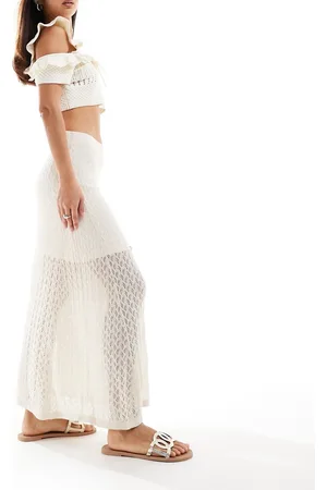 SELECTED Falda larga beis de croché de Femme-Beis neutro