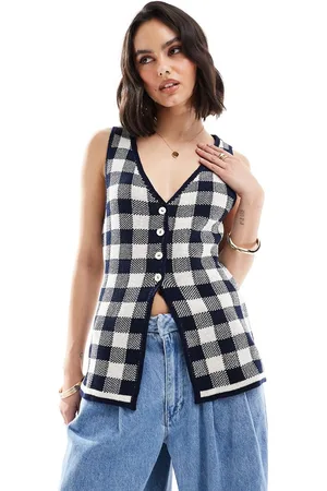 ASOS Chaleco a cuadros vichy con cuello de pico y abertura en la parte delantera de punto de -Negro