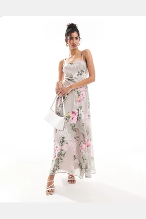 ASOS Vestido lencero midi gris con estampado floral, cuello cuadrado y bajo asimétrico de -Multicolor