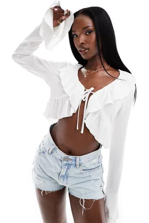 Aria Cove Top con volantes y detalle de lazada de mezcla de lino de
