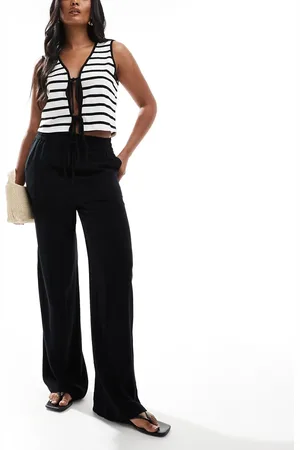 SELECTED Pantalones negros de corte ancho de tejido efecto lino de Femme