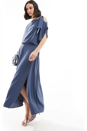 ASOS Vestido midi azul denim con parte superior estilo blusón y detalle de lazada en el hombro de