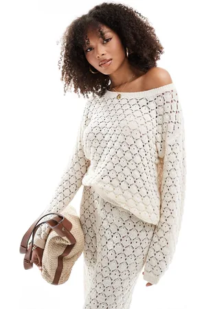VILA Jersey color crema con cuello barco de croché de (parte de un conjunto)-Beis neutro