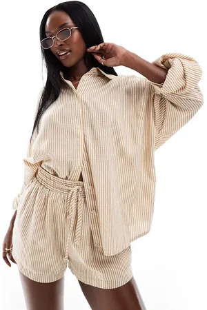 Aria Cove Camisa playera beis a rayas extragrande de (parte de un conjunto)-Beis neutro
