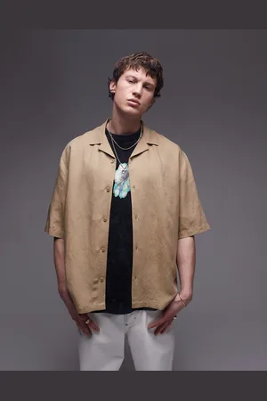 Topman Camisa color piedra de manga corta y corte cuadrado de mezcla de lino de (parte de un conjunto)-Marrón