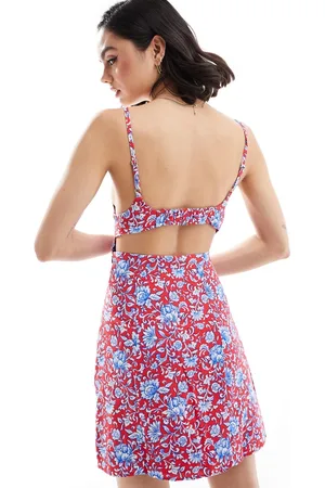 MANGO Vestido midi y azul con estampado floral de
