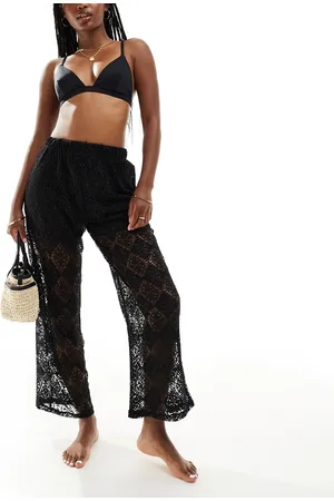 JDY Pantalones negros de pernera ancha de croché con insertos de