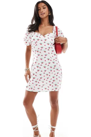 VERO MODA Vestido corto con escote corazón, mangas abullonadas y estampado floral de
