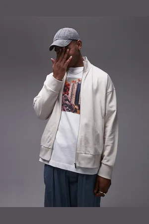 Topman Sudadera color con cremallera y cuello alzado de mezcla de lino de -Beis neutro