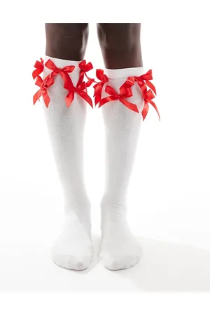Reclaimed Calcetines por la rodilla blancos con lazos rojos de