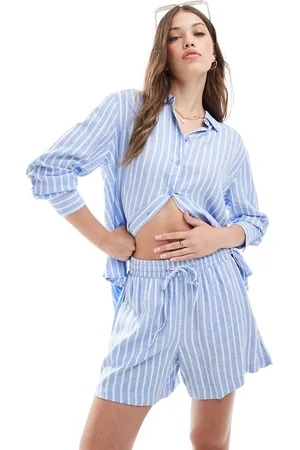 VERO MODA Pantalones cortos azules a rayas de corte suelto acampanado de mezcla de lino de (parte de un conjunto)