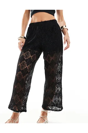 JDY Pantalones negros de pernera ancha de croché con pantalones cortos interiores de
