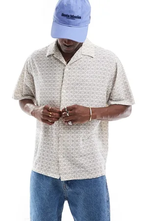 SELECTED Camisa color con estampado integral azul marino y cuello de solapas de tejido efecto rugoso de -Blanco