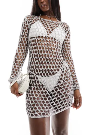 In The Style Vestido playero corto de manga larga con espalda amplia de croché metalizado de