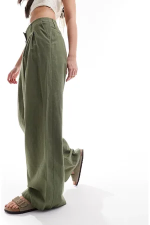 Monki Pantalones de sastre caquis de pernera ancha de mezcla de lino de -Verde