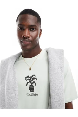 SELECTED Camiseta verde pastel extragrande con estampado de planta en el centro de