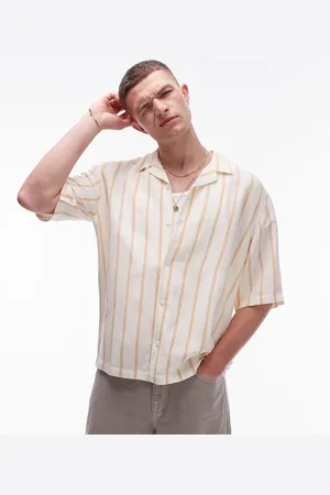 Topman Camisa color piedra a rayas de manga corta de mezcla de lino de