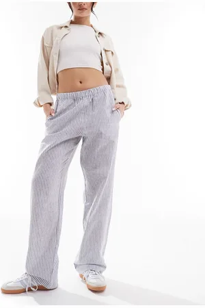 Monki Pantalones a blancas y azul marino con cordón ajustable en la cintura de mezcla de lino de -Multicolor