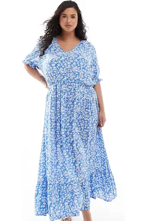 ONLY Vestido largo azul con estampado floral y cuello de pico de