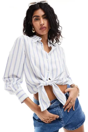 & OTHER STORIES Camisa azul y blanca a rayas con lazada delantera de mezcla de lino de -Multicolor